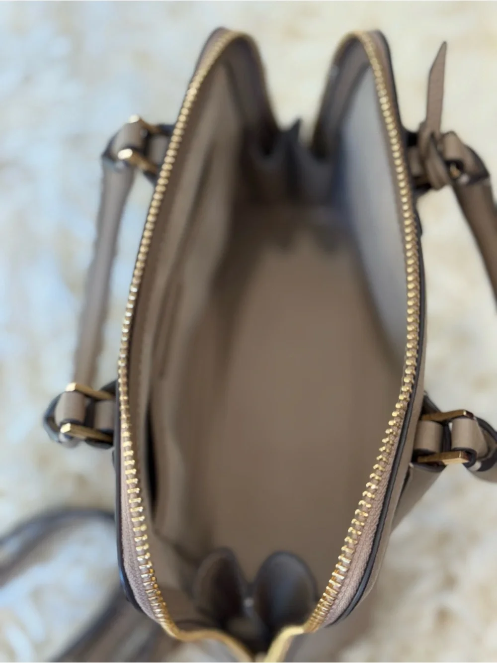 Tory Burch Taupe Pebbled Leather Dome Satchel Crossbody